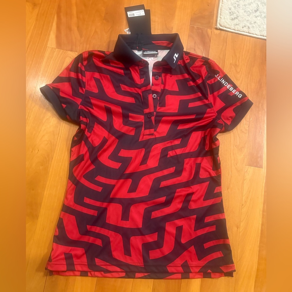 J.Lindeberg Gold Women’s Tour Tech Print Polo Medium NEW Bridge swirl Red Navy